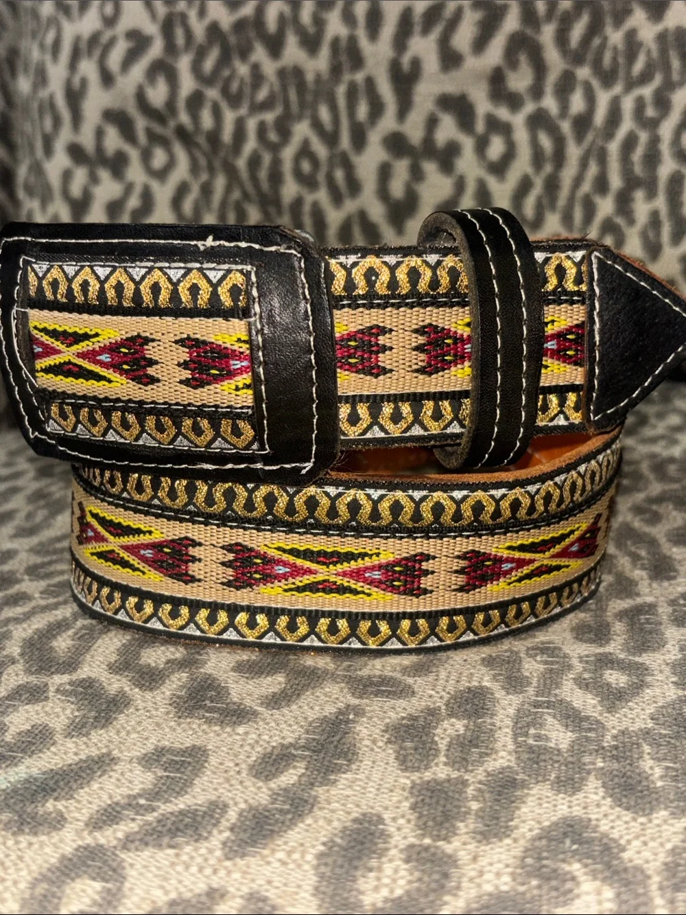 Vintage western belt metallic woven charro leather authentic cowboy belt 33”-40”